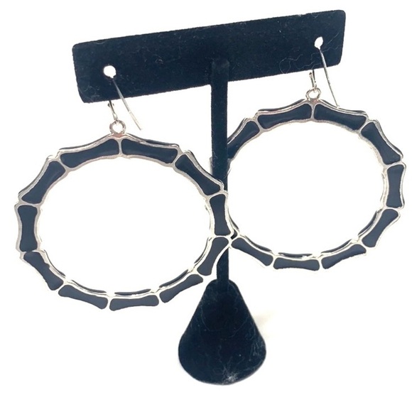 Cloisonné Hoop Earrings Black/Silver, Fish Hook Backs, 2.25” - Picture 2 of 3